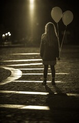 A girl stands alone on the street at night with balloons in her hand. Child protection concept.