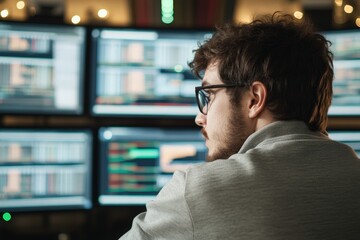 Obraz premium Young man analyzing digital data on multiple computer screens in a modern office environment, depicting the world of finance and technology in a professional setting