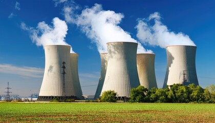 Nuclear power plant cooling towers emitting steam under blue sky 