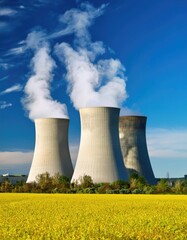 Nuclear power plant cooling towers emitting steam under blue sky 