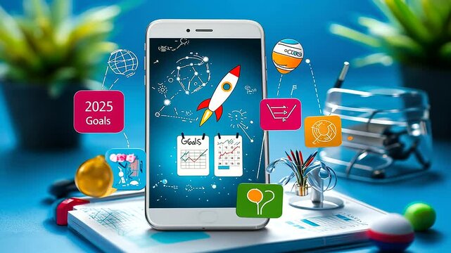 Digital Sticky Notes with 2025 Goals on Phone Screen
