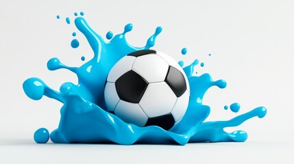 A soccer ball is in the middle of a splash of blue paint. The splash is very large and covers the entire image