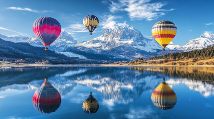 Obraz premium Hot air balloons reflected in a crystal-clear alpine lake with snowy peaks above