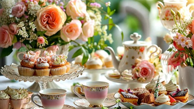 A table set for a high tea party with pink floral decorations, teacups and saucers, a teapot, a tiered cake stand with cupcakes, and an assortment of pastries on a white plate