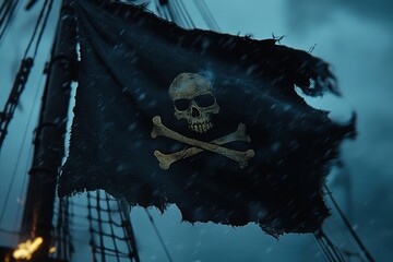 A pirate flag with a skull and two crossed swords on it. The flag is tattered and torn, giving it a sense of age and history. The image is set in a stormy sea. Pirate flag