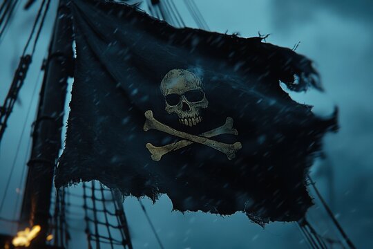 A pirate flag with a skull and two crossed swords on it. The flag is tattered and torn, giving it a sense of age and history. The image is set in a stormy sea. Pirate flag
