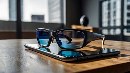 Augmented reality glasses on a table next to high-tech business devices