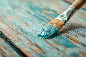 Fototapeta premium A paintbrush is dipped into a blue and yellow paint, creating a splash of color on a wooden surface. The brush strokes are bold and confident, suggesting a sense of creativity and artistic expression