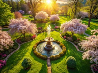 Naklejka premium Stunning Aerial View of a Serene Fountain Surrounded by Lush Greenery in a Blooming Early Spring Garden, Capturing Nature's Beauty and Tranquility