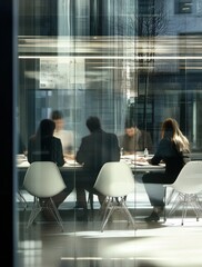 Obraz premium A group of people are sitting around a table in a conference room. The people are focused on their work. Business background