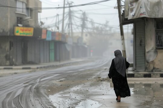 A Muslim woman walks on the street in Rafah, Gaza as an ice storm rages outside. The cold weather has knocked out power, and schools have been closed for several days to keep people warm and safe