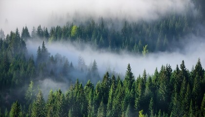Obraz premium Misty landscape with fir forest