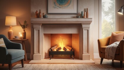 Fototapeta premium Elegant living room featuring a fireplace with glowing flames and stylish furniture