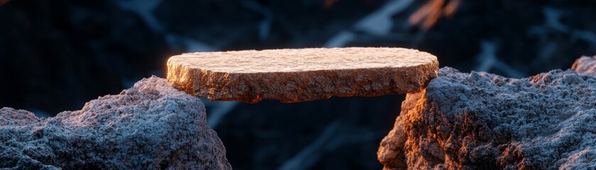 Fototapeta premium A flat stone balances precariously between two rocky edges, illuminated by warm light, creating a striking visual contrast.