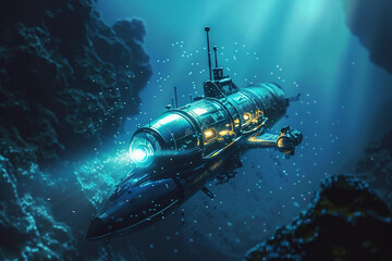 Obraz premium Beautiful large bathyscaphe floating in middle of ocean during exploration