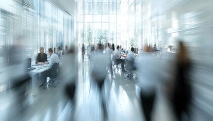 A busy office with people walking around and working. The image is blurry, giving it a sense of motion and activity. Business background
