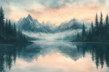 Fototapeta premium A serene lake at dawn enveloped in soft mist, reflecting towering mountains under a pastel sky. Pine trees border the scene, creating a tranquil atmosphere.