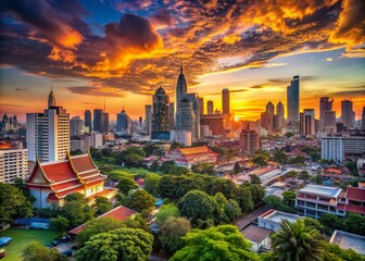 Obraz premium Stunning Landscape Photography of Iconic Buildings in Bangkok Showcasing Urban Architecture and Vibrant City Life Against a Clear Blue Sky for Stock Photo Use