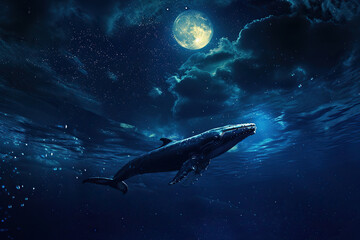 Fototapeta premium Fantastically beautiful majestic huge whale in blue ocean