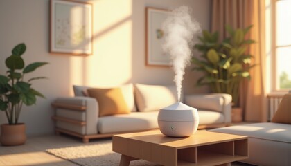 Stylish indoor humidity control with modern humidifier and inviting living room ambiance