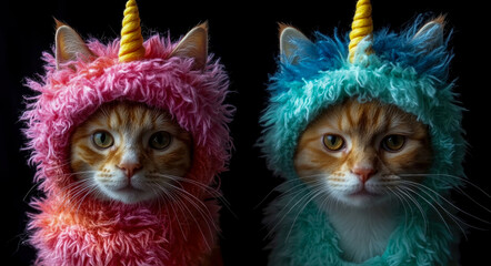 Fototapeta premium Two cats wear colorful unicorn costumes with fluffy fur, standing side by side against a solid dark background, creating a whimsical atmosphere