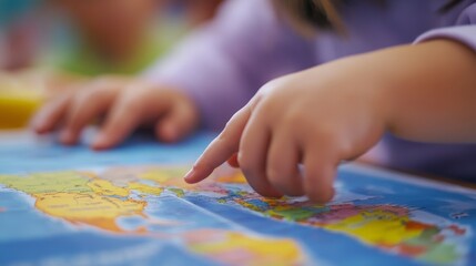Fototapeta premium A close-up of a teacher hand pointing to a map, teaching geography and helping students understand the world