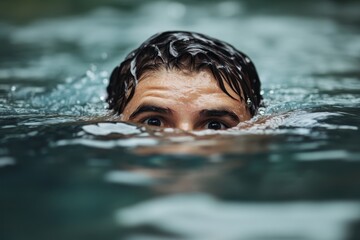 Swimmer emerging from water with focused gaze during a tranquil moment in nature