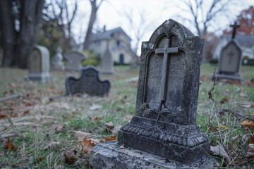 Fototapeta premium Fantastically mysterious cemetery with tombstones and terribly atmosphere
