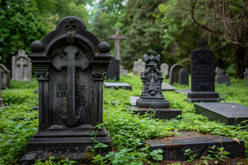 Obraz premium Fantastically mysterious cemetery with tombstones and terribly atmosphere