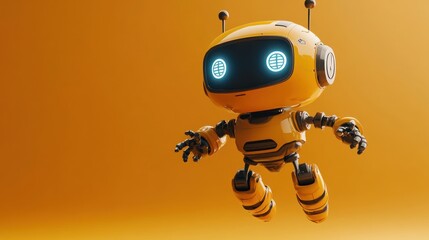 A friendly, yellow robot with glowing blue eyes floats in mid-air against an orange background.