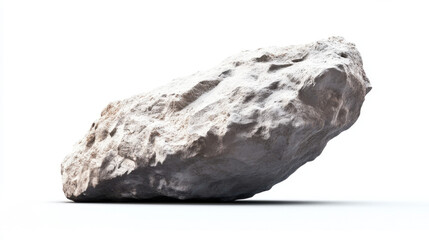 Fototapeta premium Close-up of a large, rough-textured rock against a plain white background, showcasing its natural, jagged formation and earthy tones.