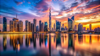 Obraz premium Stunning Panorama of Dubai's Skyline at Sunset with Iconic Skyscrapers and Modern Architecture Capturing the Essence of a Vibrant Cityscape