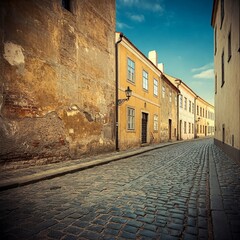 Fototapeta premium Square of an old town with cobblestone streets and historical buildings under a bright sky. Free space at the top right for text. Ideal for historical and cultural projects. Created with Generative AI