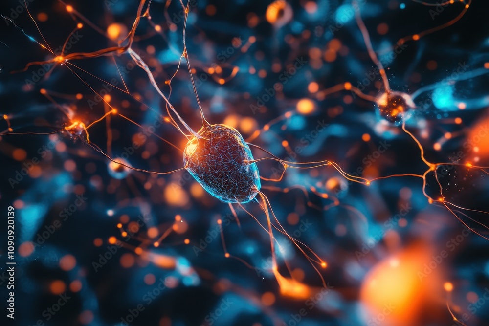 Poster visual representation of neurons connecting in a vibrant neural network