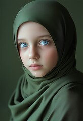 Naklejka premium Portrait of an extremely beautiful young woman wearing a green hijab, with amazing big blue eyes. This award-winning photography