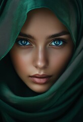 Naklejka premium Portrait of an extremely beautiful young woman wearing a green hijab, with amazing big blue eyes. This award-winning photography