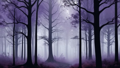 Fototapeta premium Ethereal forest landscape featuring dark purple trees and a foggy atmosphere with soft light