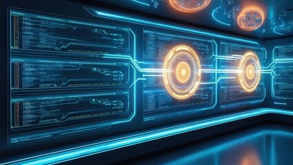 Obraz premium A futuristic wall display featuring glowing orange circles and intricate blue circuitry, suggesting advanced technology and digital themes.