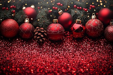 Christmas background with sequins in red shades with christmas ornaments