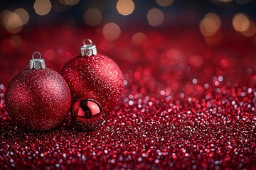 Christmas background with sequins in red shades with christmas ornaments