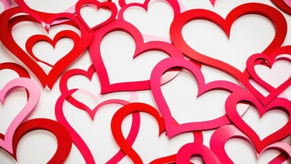 Colorful paper hearts in various shades of red and pink arranged on a white background, symbolizing love and affection.