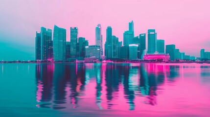 Fototapeta premium Vibrant city skyline reflected in water at dusk.