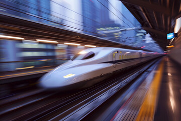 Fototapeta premium Modern high-speed train in fast motion passes through railway stations