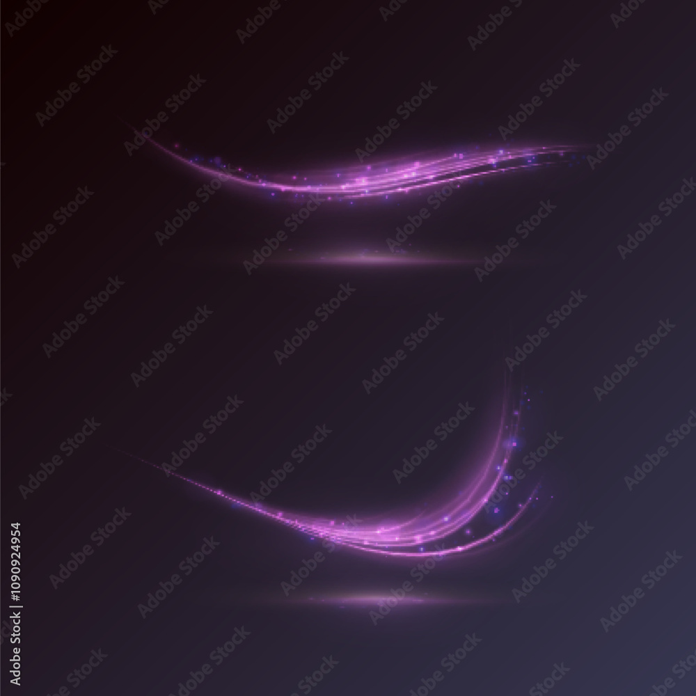 Poster light effect of light speed movement along a curved trajectory of bright purple flickers. dynamic mo