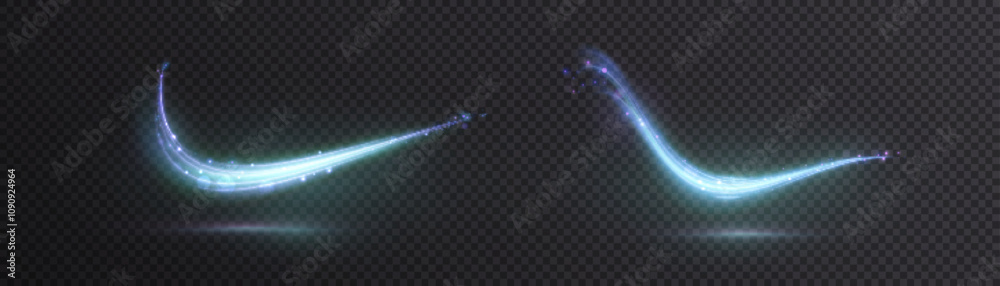Poster light bright blue swirl. glow effect of bright lines on dark background. magic light swirls for magi