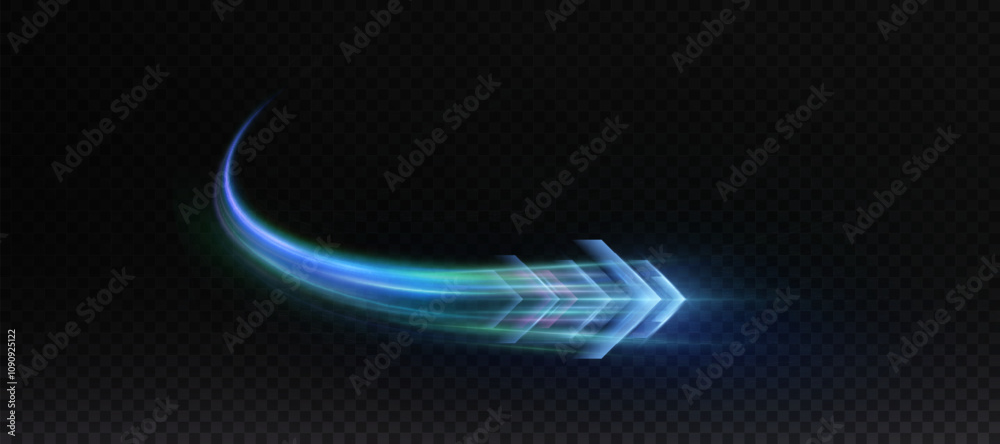 Poster Light effect of technological high-speed movement of the arrow of light speed bright glow on transparent background. Dynamic movement of the arrow of energy of light of high speed.