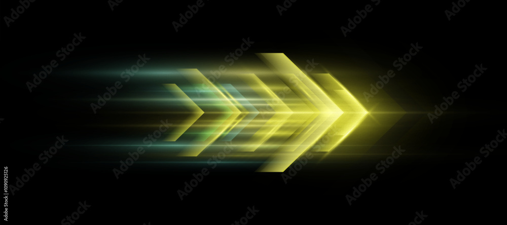 Poster Light effect of technological high-speed movement of the arrow of light speed bright glow on transparent background. Dynamic movement of the arrow of energy of light of high speed.