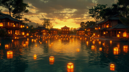 Obraz premium Warm sunset lights up traditional buildings beside a peaceful waterway filled with glowing lanterns, creating a tranquil atmosphere