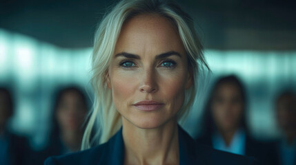 Fototapeta premium A professional woman exudes confidence as she leads a team in a contemporary office, showcasing strong leadership and commitment