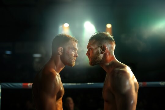 Two UFC fighters facing each other very closely in the ring. Looking at each other angry. Effects with lights and smoke. CInematic, artistic, setup.